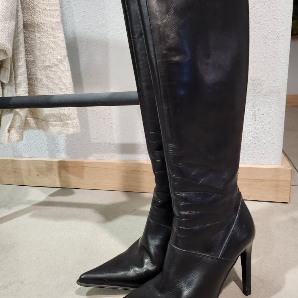 GUESS By Marciano | Black Leather Tall Houston Boots Heel 7W - Picture 7 of 12